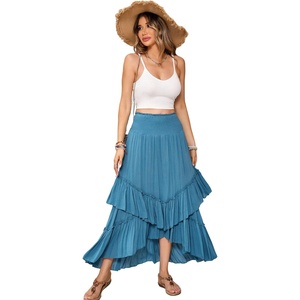 image:imageRVivimos Long Skirts for Women Summer Boho Smocked Strapless Dress Elastic High Waisted Layered Ruffle Hem Beach Midi SkirtBlue