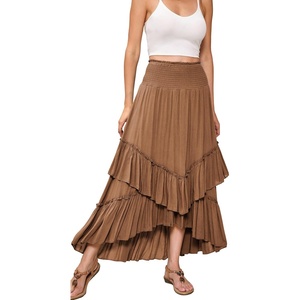 image:imageRVivimos Long Skirts for Women Summer Boho Smocked Strapless Dress Elastic High Waisted Layered Ruffle Hem Beach Midi SkirtBrown