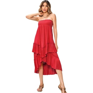 image:imageRVivimos Long Skirts for Women Summer Boho Smocked Strapless Dress Elastic High Waisted Layered Ruffle Hem Beach Midi SkirtRed
