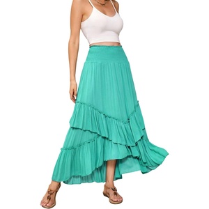 image:imageRVivimos Long Skirts for Women Summer Boho Smocked Strapless Dress Elastic High Waisted Layered Ruffle Hem Beach Midi SkirtTurquoise