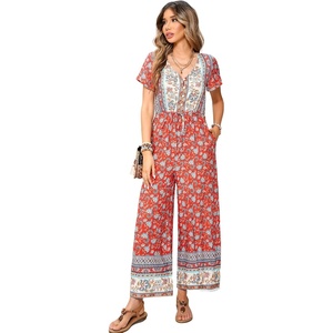 image:imageRVivimos One Piece Jumpsuits for Women Summer Boho Floral Print Short Sleeve V Neck Drawstring Waist Wide Leg Long RompersAurorared