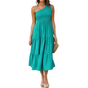 image:imageRVivimos One Shoulder Dresses for Women Summer Sleeveless Smocked Boho Casual Ruffle Tiered ALine Flowy Midi DressGreen