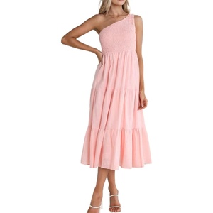 image:imageRVivimos One Shoulder Dresses for Women Summer Sleeveless Smocked Boho Casual Ruffle Tiered ALine Flowy Midi DressPink