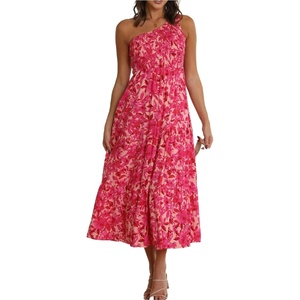 image:imageRVivimos One Shoulder Dresses for Women Summer Sleeveless Smocked Boho Casual Ruffle Tiered ALine Flowy Midi DressRedfloral