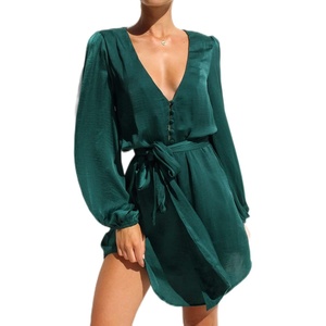 image:imageRVivimos Shirt Dresses for Women Balloon Long Sleeve Deep V Neck Casual Button Up Irregular Hem Mini Dress with BeltDarkgreen