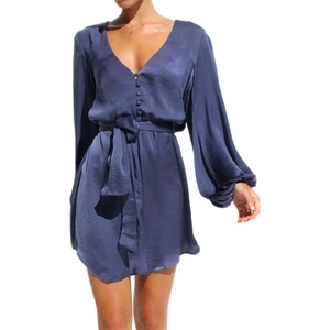 image:imageRVivimos Shirt Dresses for Women Balloon Long Sleeve Deep V Neck Casual Button Up Irregular Hem Mini Dress with BeltHazeblue