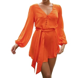 image:imageRVivimos Shirt Dresses for Women Balloon Long Sleeve Deep V Neck Casual Button Up Irregular Hem Mini Dress with BeltOrange