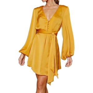 image:imageRVivimos Shirt Dresses for Women Balloon Long Sleeve Deep V Neck Casual Button Up Irregular Hem Mini Dress with BeltYellow