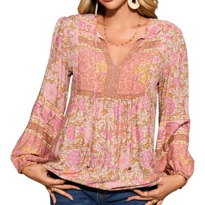 image:imageRVivimos Summer Boho Tops for Women 2026 Long Sleeve V Neck Floral Print Casual Loose Tunic Blouses ShirtsApricot