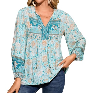 image:imageRVivimos Summer Boho Tops for Women 2026 Long Sleeve V Neck Floral Print Casual Loose Tunic Blouses ShirtsBlue Turquoise