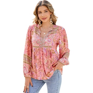 image:imageRVivimos Summer Boho Tops for Women 2026 Long Sleeve V Neck Floral Print Casual Loose Tunic Blouses ShirtsCoral Pink