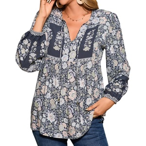 image:imageRVivimos Summer Boho Tops for Women 2026 Long Sleeve V Neck Floral Print Casual Loose Tunic Blouses ShirtsSmoke Black