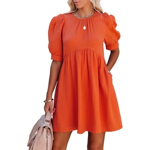image:imageRVivimos Summer Dress for Women Cotton Puff Sleeves Boho Casual Loose Babydoll Mini Dress with PocketsOrange