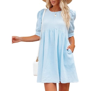 image:imageRVivimos Summer Dress for Women Cotton Puff Sleeves Boho Casual Loose Babydoll Mini Dress with PocketsSkyblue