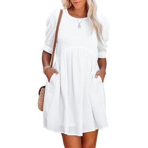 image:imageRVivimos Summer Dress for Women Cotton Puff Sleeves Boho Casual Loose Babydoll Mini Dress with PocketsWhite
