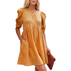 image:imageRVivimos Summer Dress for Women Cotton Puff Sleeves Boho Casual Loose Babydoll Mini Dress with PocketsYellow