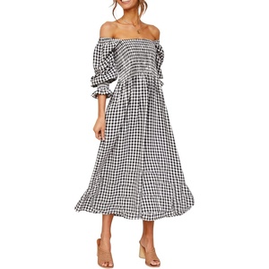image:imageRVivimos Summer Dress for Women Long Sleeve Casual Plaid Print Smocked Off Shoulder ALine Midi DressBlackplaid2