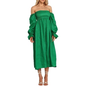 image:imageRVivimos Summer Dress for Women Long Sleeve Casual Plaid Print Smocked Off Shoulder ALine Midi DressDarkgreen