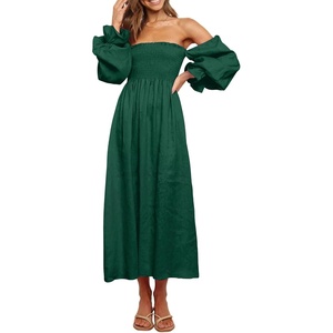 image:imageRVivimos Summer Dress for Women Long Sleeve Casual Plaid Print Smocked Off Shoulder ALine Midi DressEmeraldgreen
