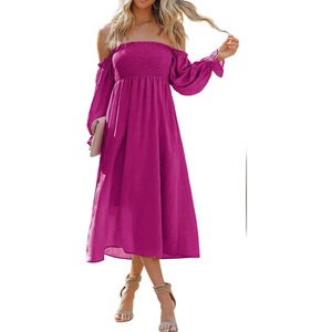 image:imageRVivimos Summer Dress for Women Long Sleeve Casual Plaid Print Smocked Off Shoulder ALine Midi DressFuchsia