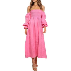 image:imageRVivimos Summer Dress for Women Long Sleeve Casual Plaid Print Smocked Off Shoulder ALine Midi DressPink2