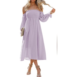 image:imageRVivimos Summer Dress for Women Long Sleeve Casual Plaid Print Smocked Off Shoulder ALine Midi DressPurple