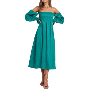 image:imageRVivimos Summer Dress for Women Long Sleeve Casual Plaid Print Smocked Off Shoulder ALine Midi DressTeal