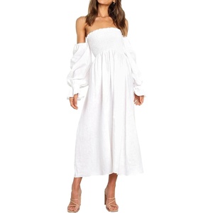 image:imageRVivimos Summer Dress for Women Long Sleeve Casual Plaid Print Smocked Off Shoulder ALine Midi DressWhite