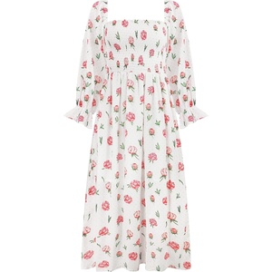 image:imageRVivimos Summer Dress for Women Long Sleeve Casual Plaid Print Smocked Off Shoulder ALine Midi DressWhitefloral
