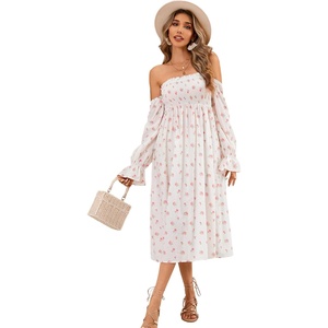 image:imageRVivimos Summer Dress for Women Long Sleeve Casual Plaid Print Smocked Off Shoulder ALine Midi DressWhiteredfloral