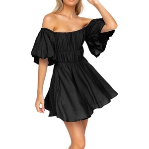 image:imageRVivimos Summer Dress for Women Short Puff Sleeve Boho Off the Shoulder Casual Smocked Swing Mini DressBlack