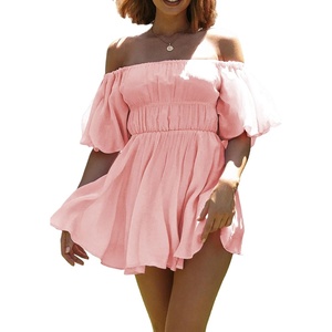 image:imageRVivimos Summer Dress for Women Short Puff Sleeve Boho Off the Shoulder Casual Smocked Swing Mini DressPink