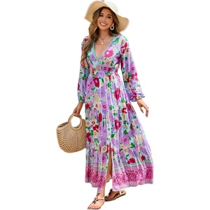 image:imageRVivimos Womens Boho Floral Print Maxi Dress V Neck Long Sleeve Elastic Waist Casual Flowy Slit Long SundressBlue Purple