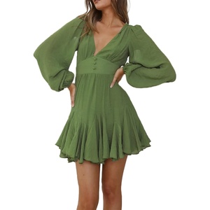 image:imageRVivimos Womens Casual Mini Dress Balloon Long Sleeve Deep V Neck Open Back ALine Swing Short DressOlivegreen