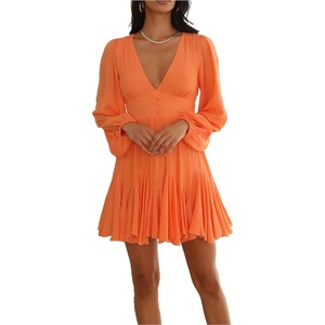 image:imageRVivimos Womens Casual Mini Dress Balloon Long Sleeve Deep V Neck Open Back ALine Swing Short DressOrange