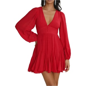image:imageRVivimos Womens Casual Mini Dress Balloon Long Sleeve Deep V Neck Open Back ALine Swing Short DressRed
