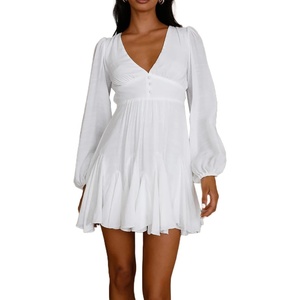 image:imageRVivimos Womens Casual Mini Dress Balloon Long Sleeve Deep V Neck Open Back ALine Swing Short DressWhite