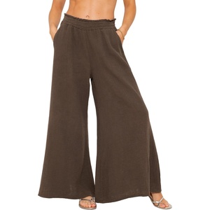 image:imageRVivimos Womens Cotton Palazzo Pants Casual Elastic High Waisted Loose Flowy Wide Leg Long Trousers Pants with PocketsDarkbrown