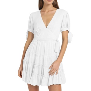 image:imageRVivimos Womens Cotton Summer Short Sleeves V Neck Tie Waist Casual Layered Ruffles Mini Swing DressesWhiteshortsleeve