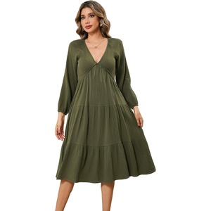 image:imageRVivimos Womens Fall Casual Gauze Cotton Dresses V Neck Long Sleeve Ruffle Tiered Flowy Midi Dress with PocketsArmy Green