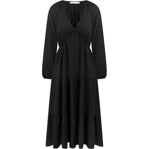 image:imageRVivimos Womens Fall Casual Gauze Cotton Dresses V Neck Long Sleeve Ruffle Tiered Flowy Midi Dress with PocketsBlack