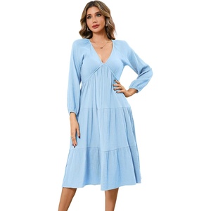 image:imageRVivimos Womens Fall Casual Gauze Cotton Dresses V Neck Long Sleeve Ruffle Tiered Flowy Midi Dress with PocketsLight Blue