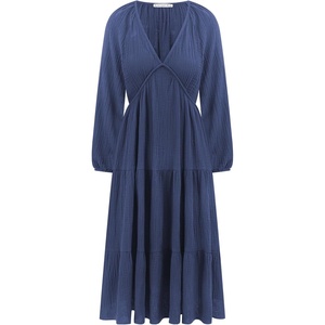 image:imageRVivimos Womens Fall Casual Gauze Cotton Dresses V Neck Long Sleeve Ruffle Tiered Flowy Midi Dress with PocketsNavyblue