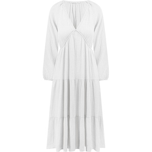 image:imageRVivimos Womens Fall Casual Gauze Cotton Dresses V Neck Long Sleeve Ruffle Tiered Flowy Midi Dress with PocketsWhite
