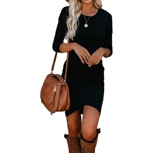 image:imageRVivimos Womens Fall Cotton Long Sleeve Casual Ruched Dress Bodycon TShirt Mini DressBlack