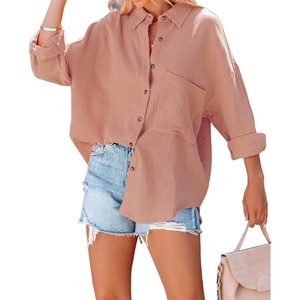 image:imageRVivimos Womens Fall Cotton Long Sleeve Oversized Loose Casual Button Down Shirts Blouses with PocketBrickred