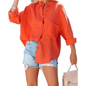 image:imageRVivimos Womens Fall Cotton Long Sleeve Oversized Loose Casual Button Down Shirts Blouses with PocketOrange