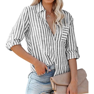 image:imageRVivimos Womens Fall Cotton Long Sleeves Roll Up Striped Casual V Neck Button Down Shirts BlousesBlack