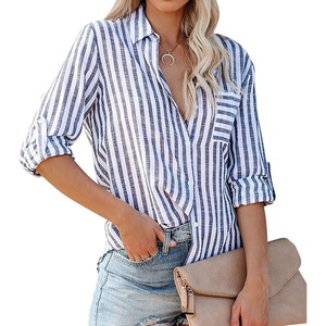 image:imageRVivimos Womens Fall Cotton Long Sleeves Roll Up Striped Casual V Neck Button Down Shirts BlousesBlue