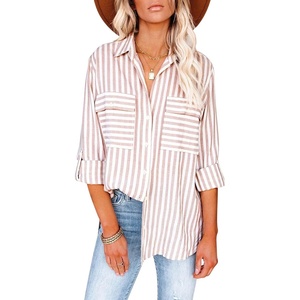 image:imageRVivimos Womens Fall Cotton Long Sleeves Roll Up Striped Casual V Neck Button Down Shirts BlousesDeeppink2